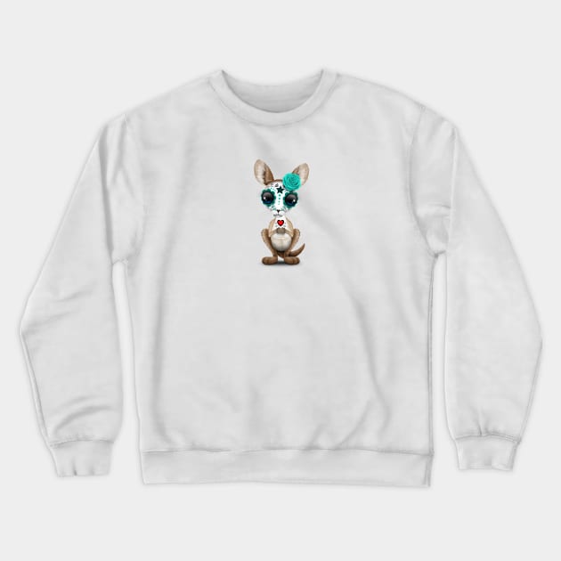 Blue Day of the Dead Sugar Skull Baby Kangaroo Crewneck Sweatshirt by jeffbartels